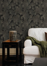 Waft Black Ginkgo Wallpaper with Botanical Bohemian Pattern - Rasch RH462234