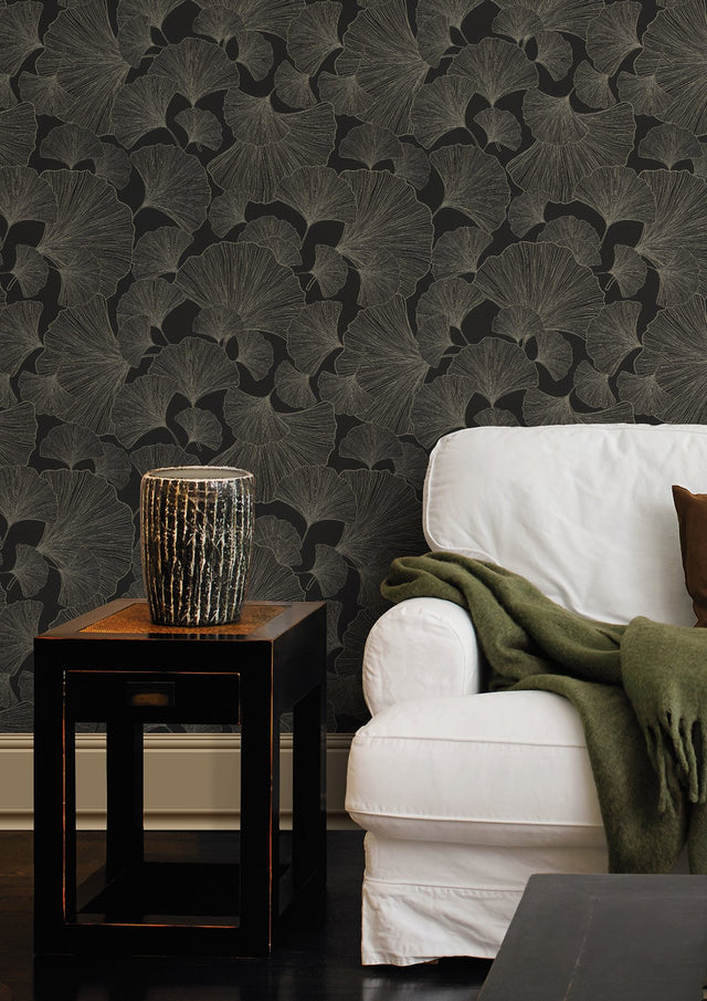 Waft Black Ginkgo Wallpaper with Botanical Bohemian Pattern - Rasch RH462234