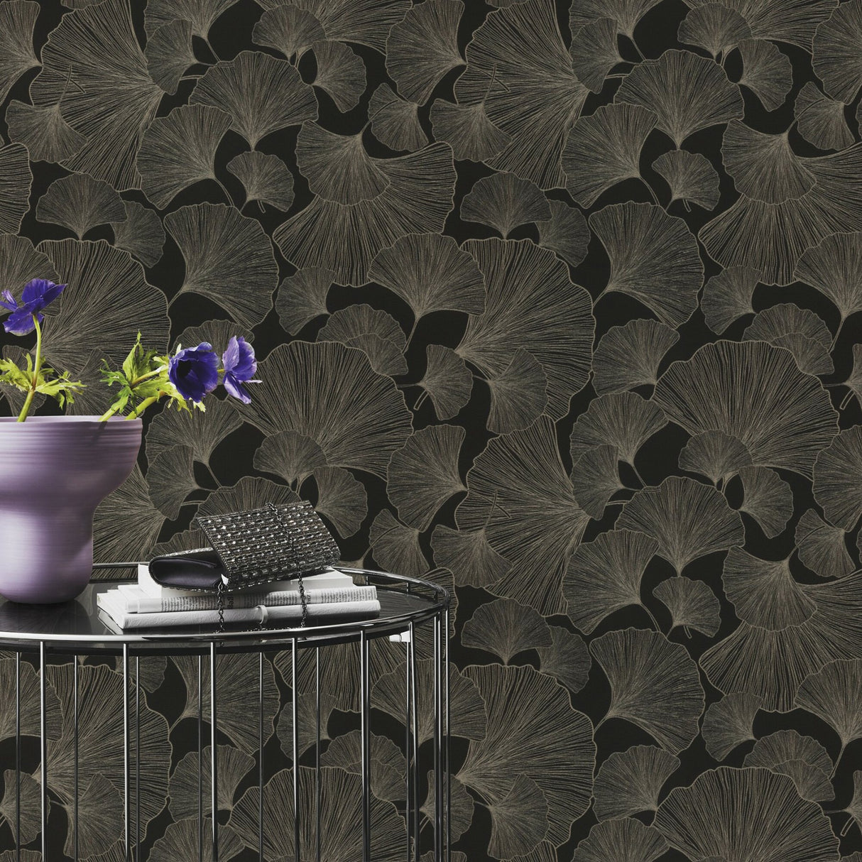 Waft Black Ginkgo Wallpaper with Botanical Bohemian Pattern - Rasch RH462234