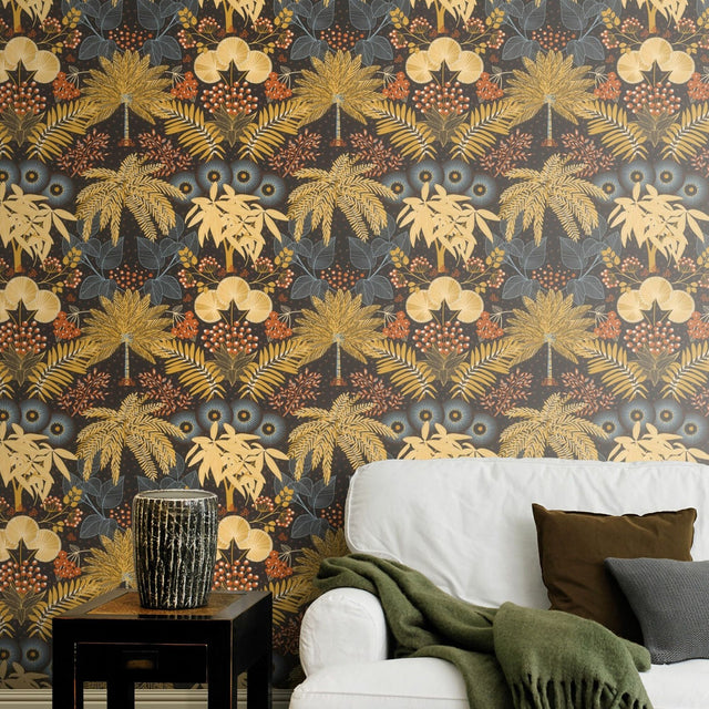 Leonor Mustard Bohemian Jungle Wallpaper with Botanical Trees Motif - Rasch RH465730