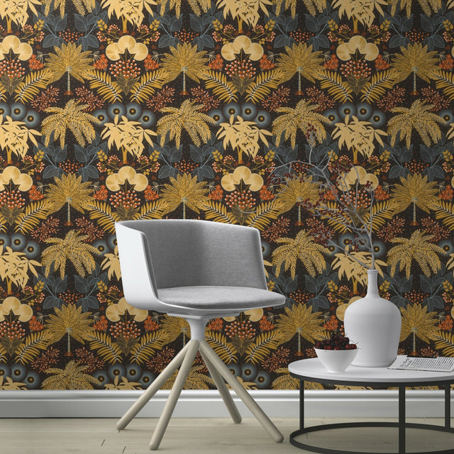 Leonor Mustard Bohemian Jungle Wallpaper with Botanical Trees Motif - Rasch RH465730