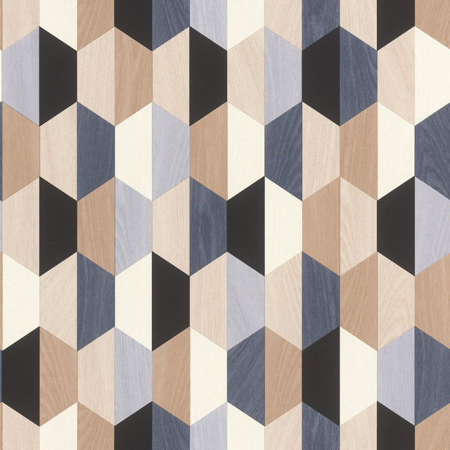Anthony Blue Wooden Hexagon Wallpaper with Modern Geometric Woodgrain Pattern - Rasch RH466331