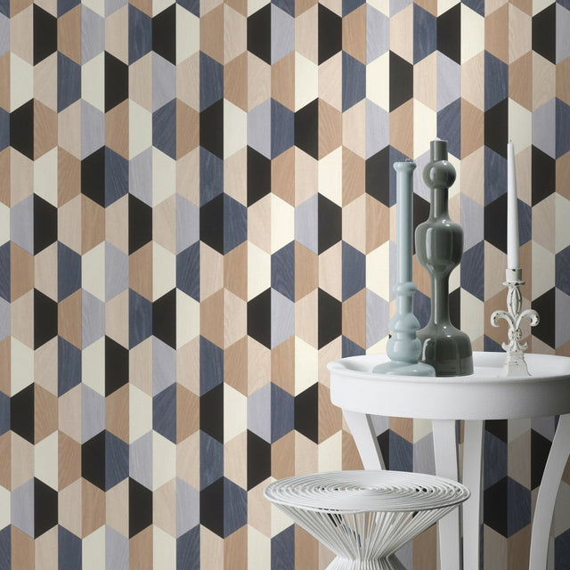 Anthony Blue Wooden Hexagon Wallpaper with Modern Geometric Woodgrain Pattern - Rasch RH466331