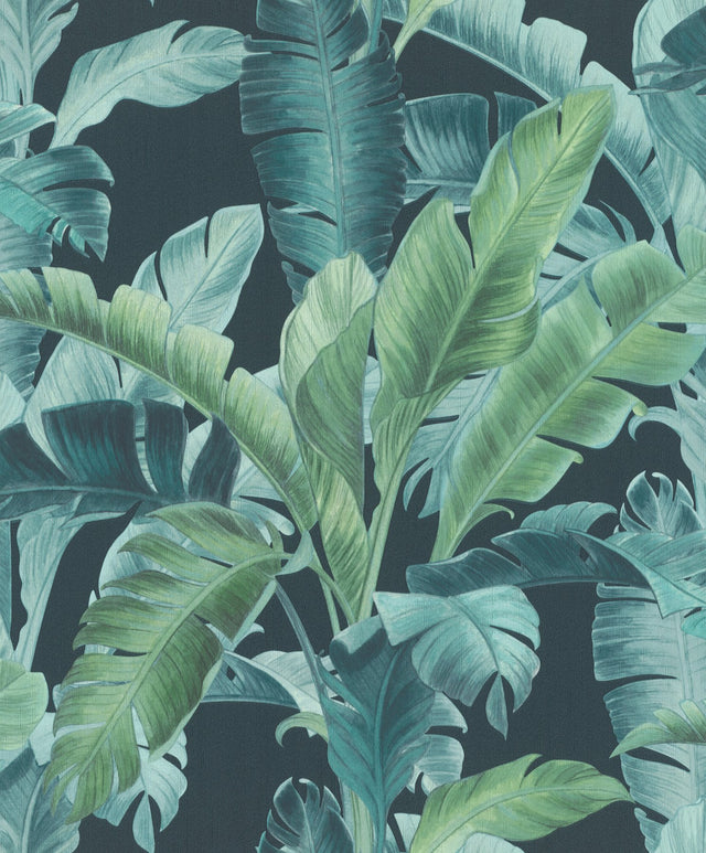 Orissa Dark Blue Palm Frond Textured Vinyl Wallpaper with Botanical Leaves Motif - Rasch RH536690