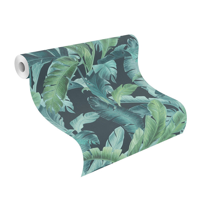 Orissa Dark Blue Palm Frond Textured Vinyl Wallpaper with Botanical Leaves Motif - Rasch RH536690