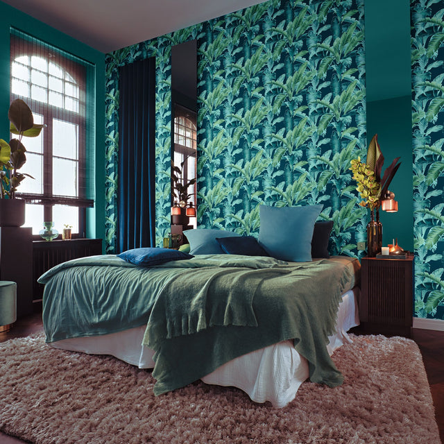 Orissa Dark Blue Palm Frond Textured Vinyl Wallpaper with Botanical Leaves Motif - Rasch RH536690
