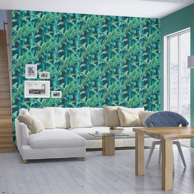 Orissa Dark Blue Palm Frond Textured Vinyl Wallpaper with Botanical Leaves Motif - Rasch RH536690
