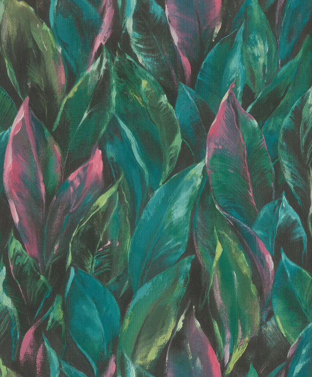 Maclayi Fuschia Banana Leaf Wallpaper with Botanical Bohemian Pattern - Rasch RH537352
