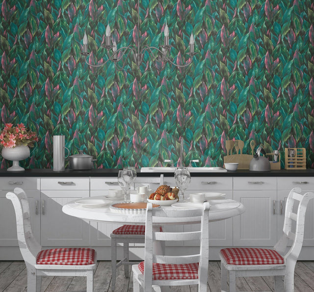 Maclayi Fuschia Banana Leaf Wallpaper with Botanical Bohemian Pattern - Rasch RH537352