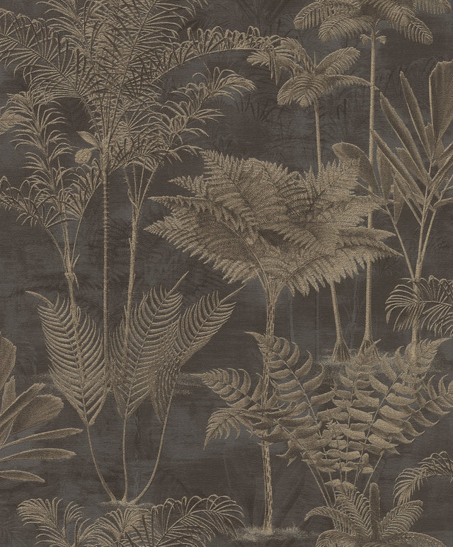 Kinabalu Black Rainforest Wallpaper with Botanical Bohemian Pattern - Rasch RH555165