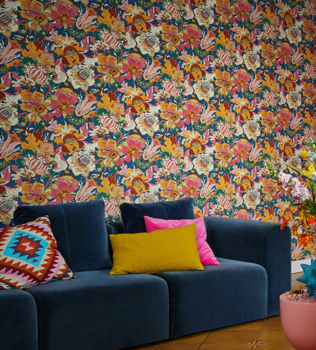 Odisha Orange Jacobean Floral Wallpaper with Bohemian Botanical Pattern - RH560459