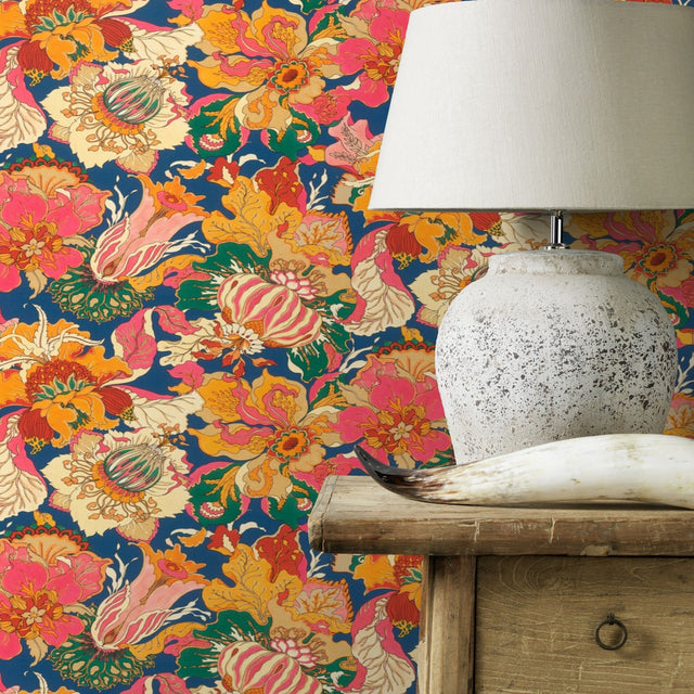 Odisha Orange Jacobean Floral Wallpaper with Bohemian Botanical Pattern - RH560459