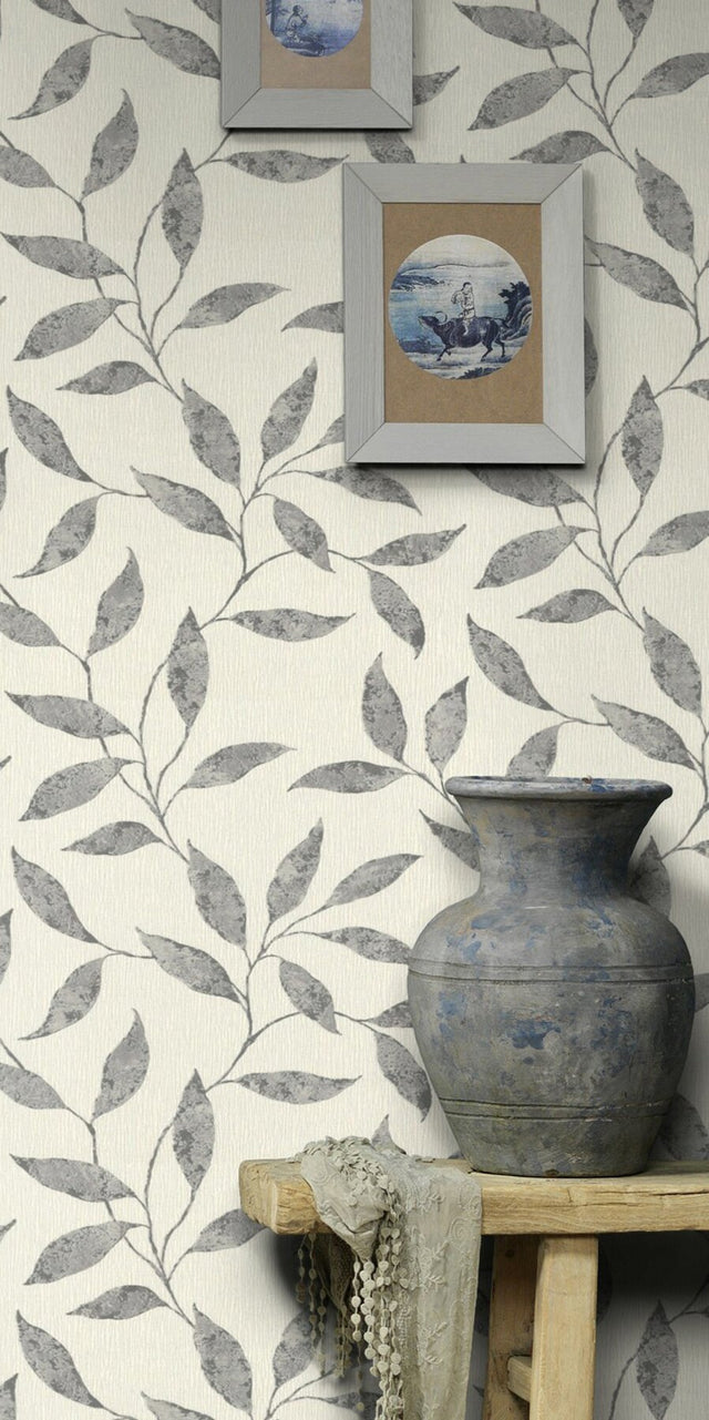 Amble Light Grey Vine Wallpaper with Botanical Farmhouse Pattern - Rasch RH651249
