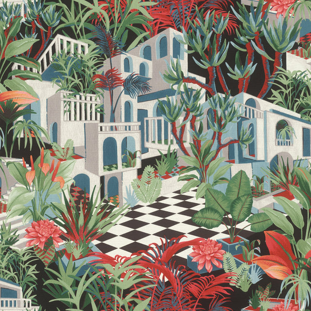 Merian Multicolor Architectural Wallpaper with Mediterranean Terrace and Tropical Foliage Pattern - Rasch RH687408