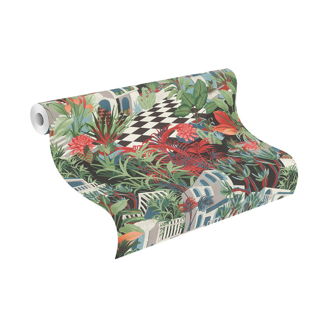 Merian Multicolor Architectural Wallpaper with Mediterranean Terrace and Tropical Foliage Pattern - Rasch RH687408