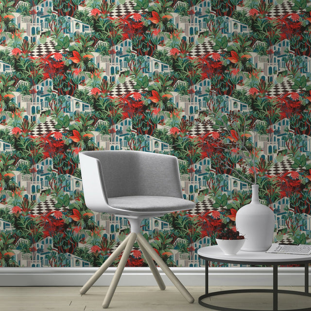Merian Multicolor Architectural Wallpaper with Mediterranean Terrace and Tropical Foliage Pattern - Rasch RH687408