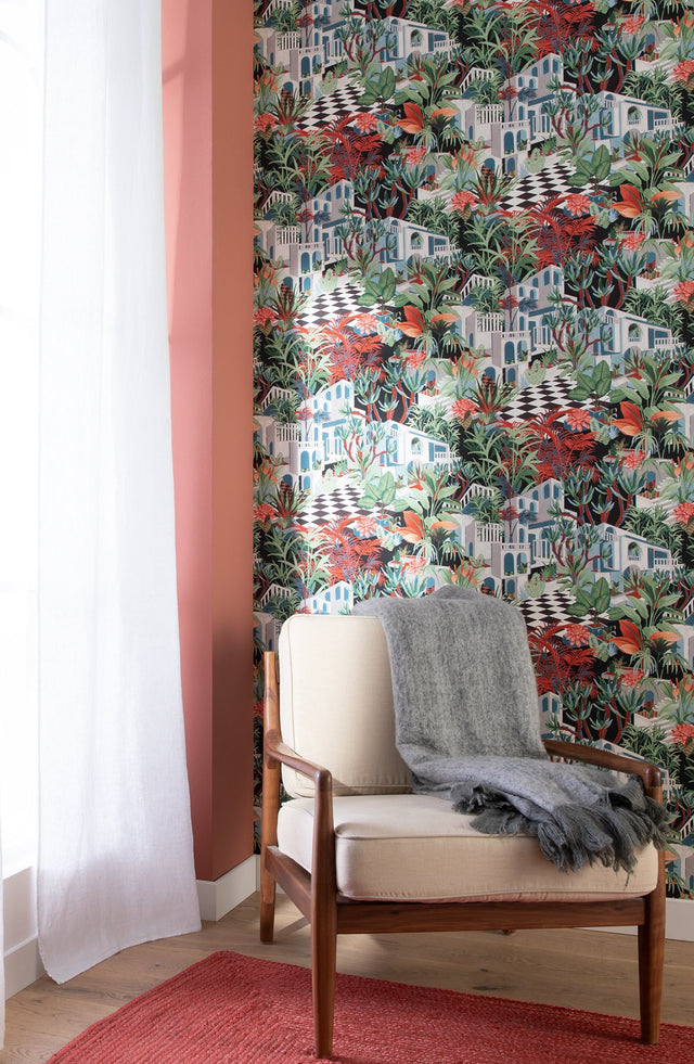 Merian Multicolor Architectural Wallpaper with Mediterranean Terrace and Tropical Foliage Pattern - Rasch RH687408