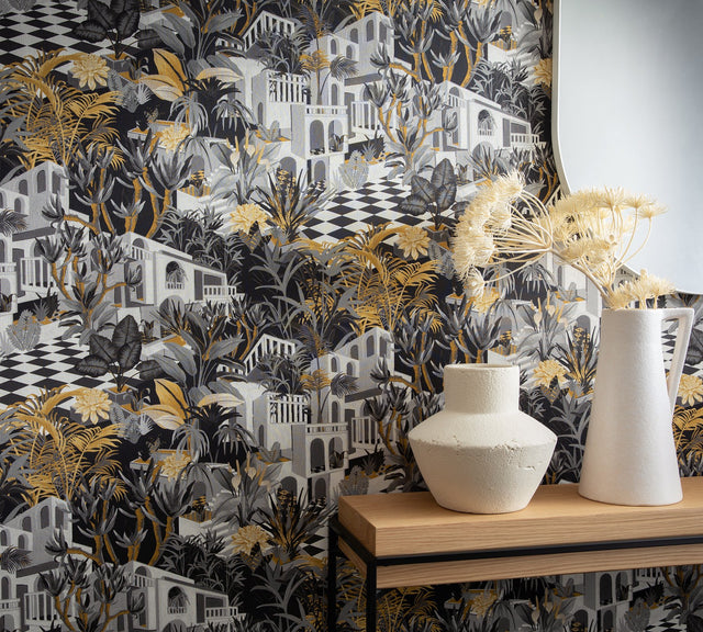 Merian Grey Architectural Wallpaper with Mediterranean Chateau Motif - Rasch RH687422