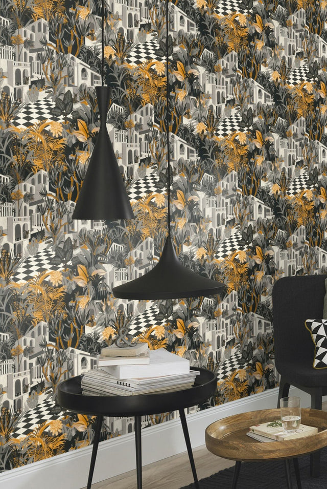 Merian Grey Architectural Wallpaper with Mediterranean Chateau Motif - Rasch RH687422