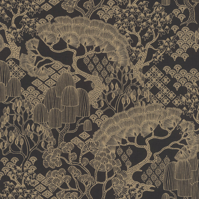 Chiaki Black Bonsai Dreams Wallpaper with Whimsical Botanical Pattern - Rasch RH691115