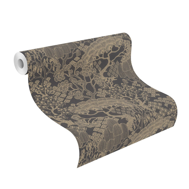Chiaki Black Bonsai Dreams Wallpaper with Whimsical Botanical Pattern - Rasch RH691115