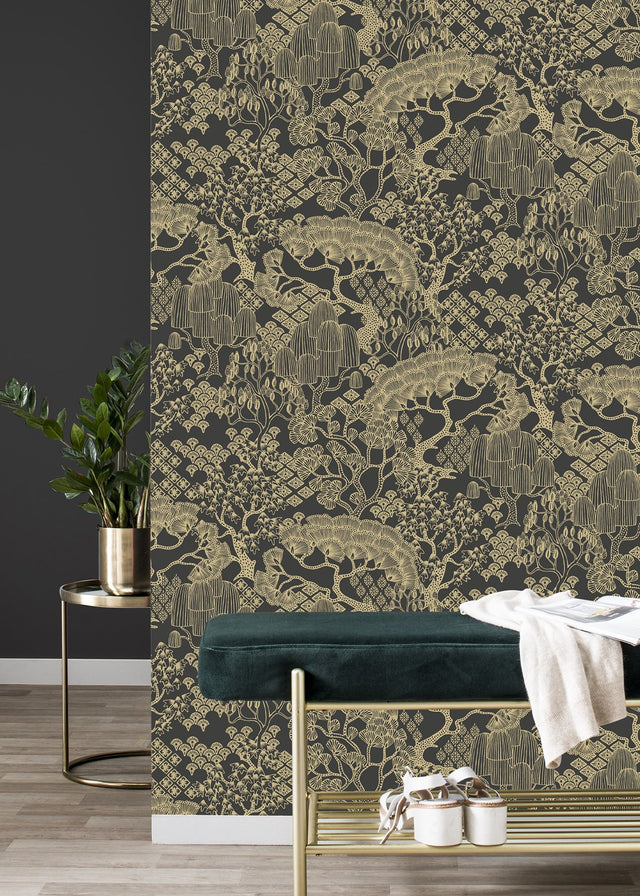 Chiaki Black Bonsai Dreams Wallpaper with Whimsical Botanical Pattern - Rasch RH691115