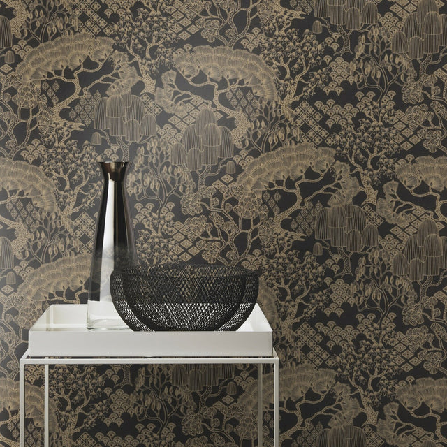 Chiaki Black Bonsai Dreams Wallpaper with Whimsical Botanical Pattern - Rasch RH691115