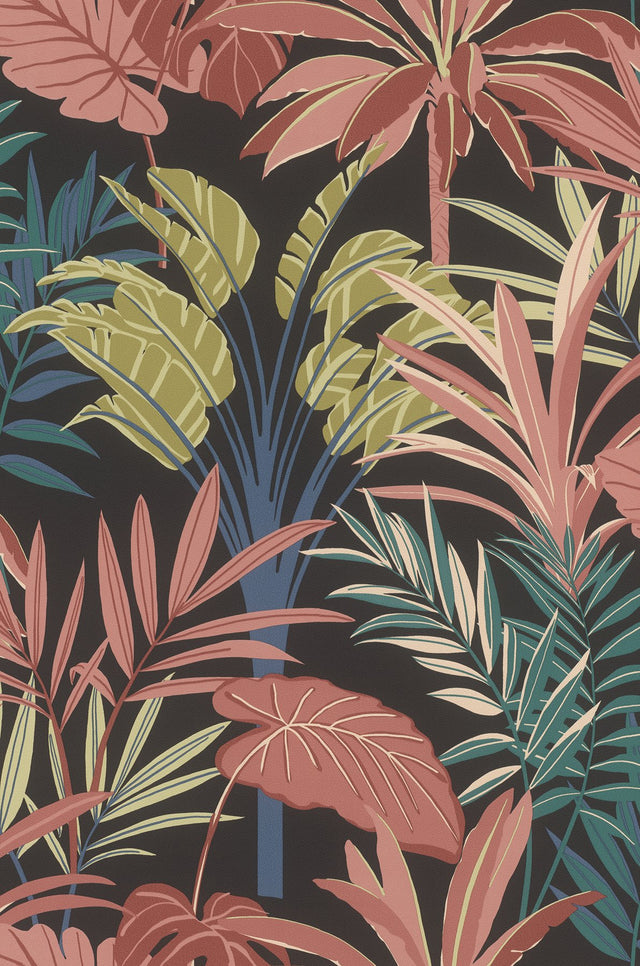 Rudyard Pink Tropical Flora Black Background Vinyl Wallpaper with Botanical Tropical Leaves - Rasch RH691603