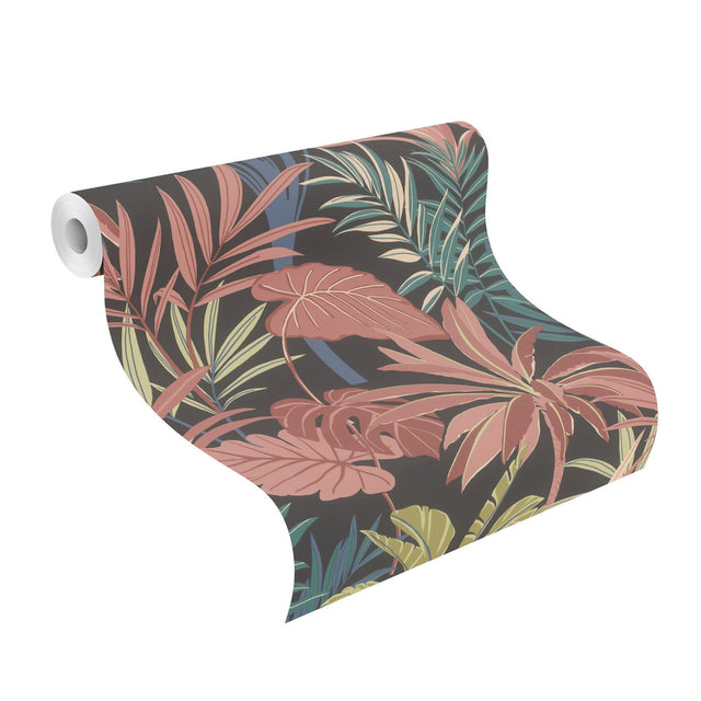 Rudyard Pink Tropical Flora Black Background Vinyl Wallpaper with Botanical Tropical Leaves - Rasch RH691603