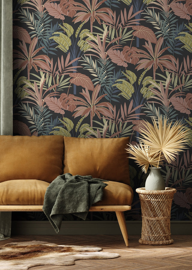 Rudyard Pink Tropical Flora Black Background Vinyl Wallpaper with Botanical Tropical Leaves - Rasch RH691603