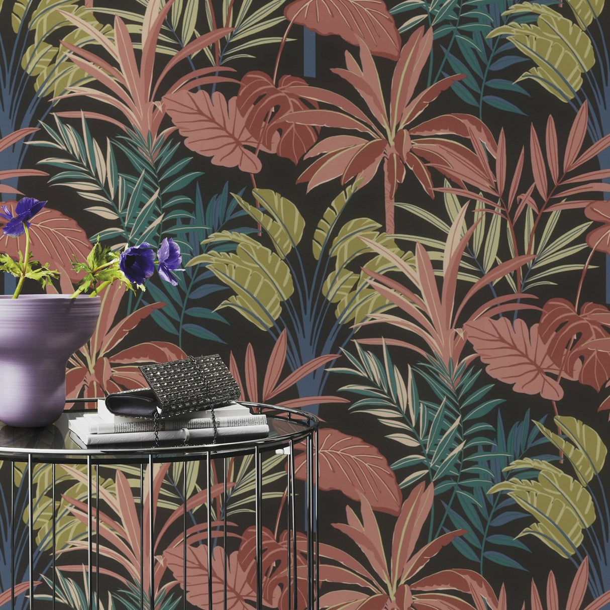 Rudyard Pink Tropical Flora Black Background Vinyl Wallpaper with Botanical Tropical Leaves - Rasch RH691603