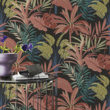 Rudyard Pink Tropical Flora Black Background Vinyl Wallpaper with Botanical Tropical Leaves - Rasch RH691603