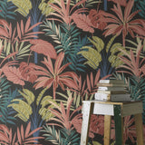 Rudyard Pink Tropical Flora Black Background Vinyl Wallpaper with Botanical Tropical Leaves - Rasch RH691603