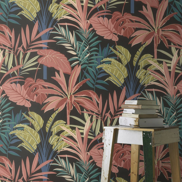 Rudyard Pink Tropical Flora Black Background Vinyl Wallpaper with Botanical Tropical Leaves - Rasch RH691603