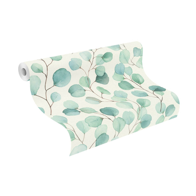 Elaina Aqua Watercolor Boughs Wallpaper with Botanical Farmhouse Motif - Rasch RH691702