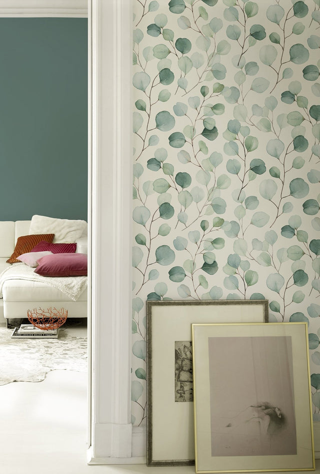 Elaina Aqua Watercolor Boughs Wallpaper with Botanical Farmhouse Motif - Rasch RH691702