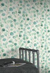 Elaina Aqua Watercolor Boughs Wallpaper with Botanical Farmhouse Motif - Rasch RH691702