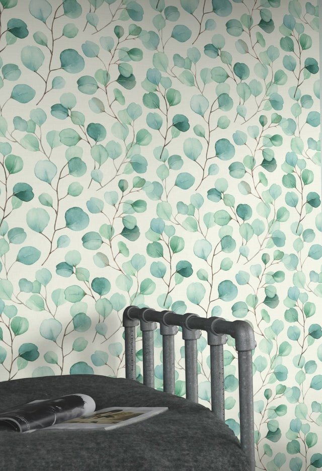 Elaina Aqua Watercolor Boughs Wallpaper with Botanical Farmhouse Motif - Rasch RH691702