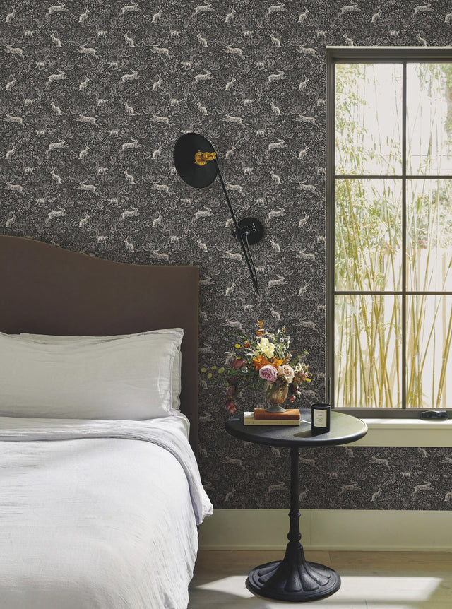 Fable Black & White Wallpaper with Woodland Animals Pattern  York RI5105