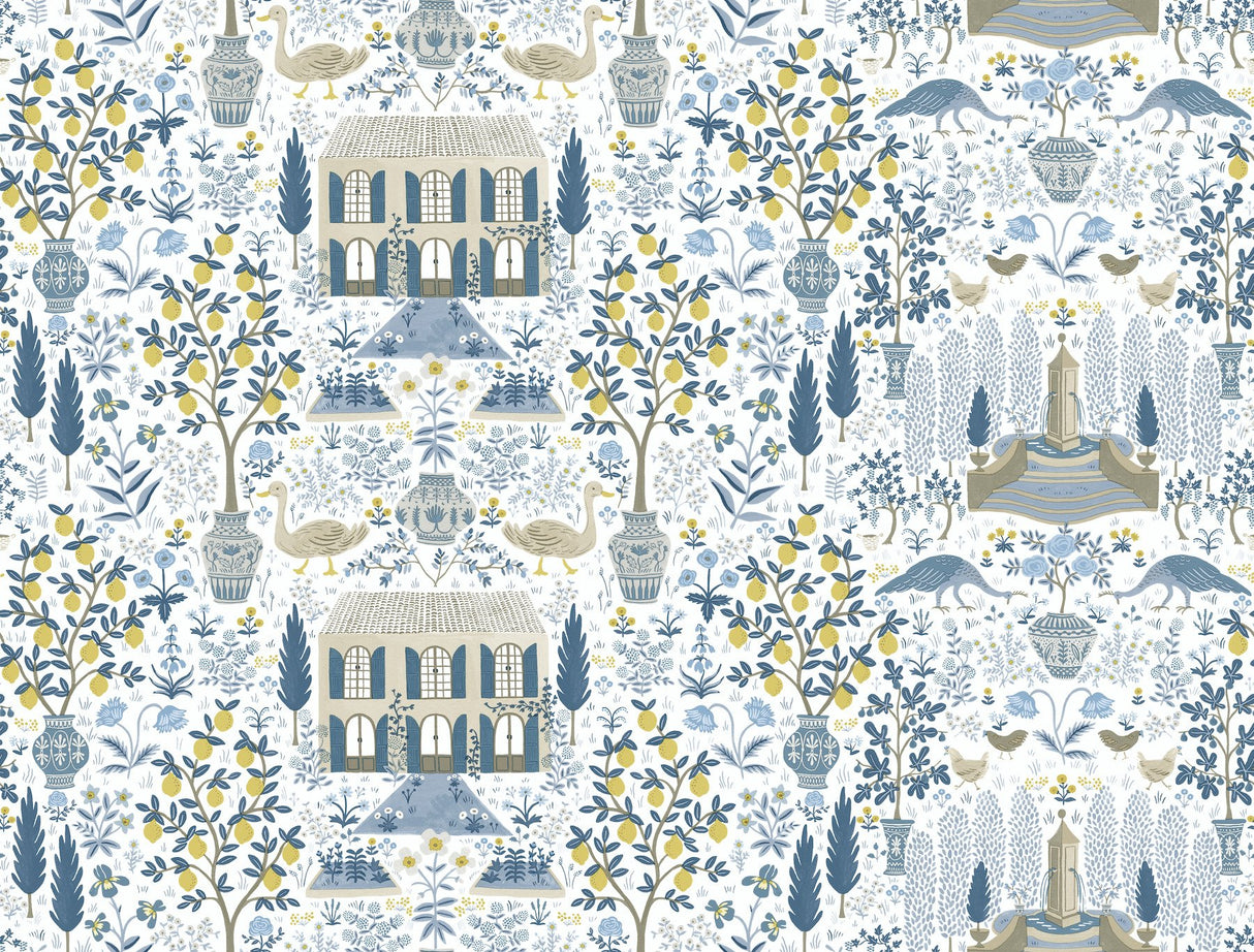 Camont Indigo Toile Wallpaper with Pastoral Farmhouse and Lemon Grove Motif - York RI5108