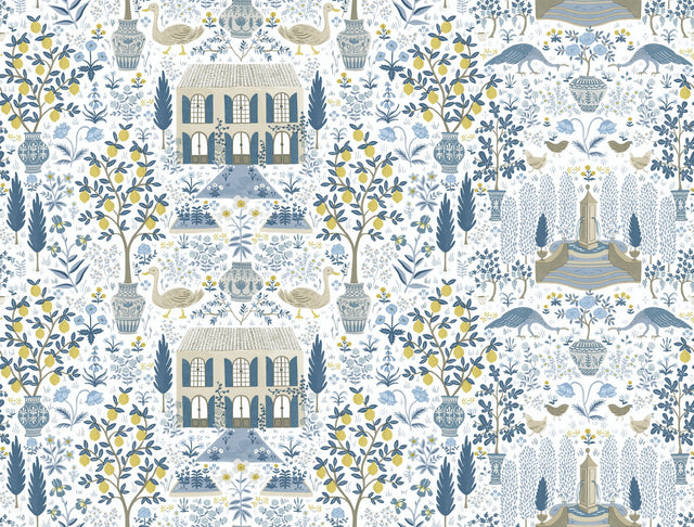Camont Indigo Toile Wallpaper with Pastoral Farmhouse and Lemon Grove Motif - York RI5108