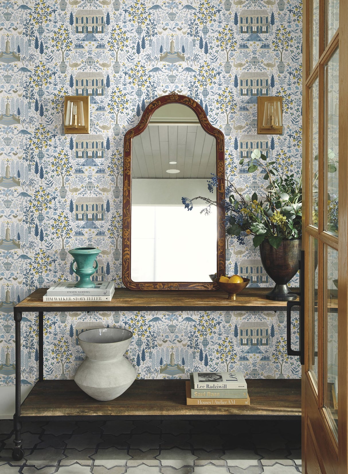Camont Indigo Toile Wallpaper with Pastoral Farmhouse and Lemon Grove Motif - York RI5108