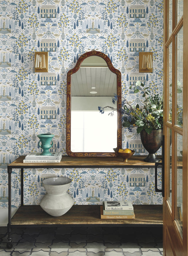 Camont Indigo Toile Wallpaper with Pastoral Farmhouse and Lemon Grove Motif - York RI5108