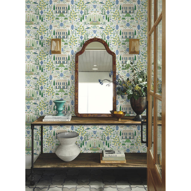 Camont Blue & Green Wallpaper with Pastoral Farmhouse Toile - York RI5109
