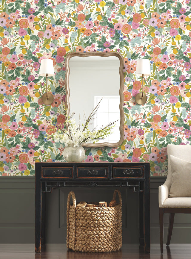 Garden Party Coral & Orange Wallpaper with Bohemian Floral Pattern, Heavy Weight Paper - York RI5119