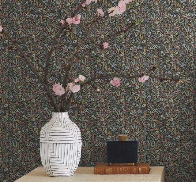 Tapestry Black Wallpaper with Botanical Floral Pattern - York RI5124