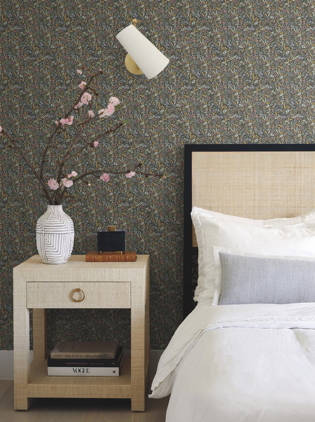 Tapestry Black Wallpaper with Botanical Floral Pattern - York RI5124
