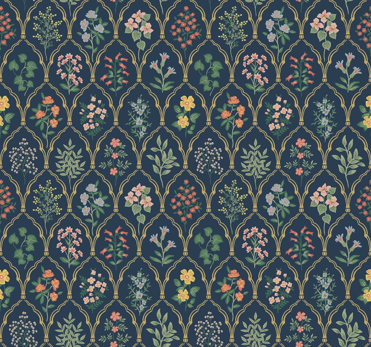 Hawthorne Navy Wallpaper with Botanical Floral Grid - York RI5129