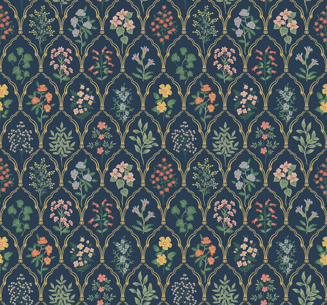 Hawthorne Navy Wallpaper with Botanical Floral Grid - York RI5129