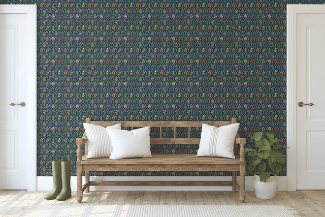 Hawthorne Navy Wallpaper with Botanical Floral Grid - York RI5129